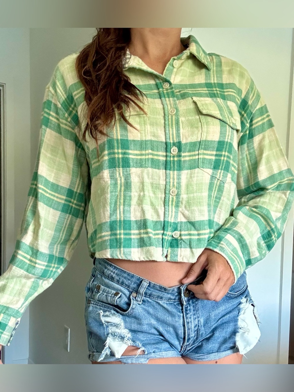 American Eagle Size Small Green Plaid Long Sleeve Top